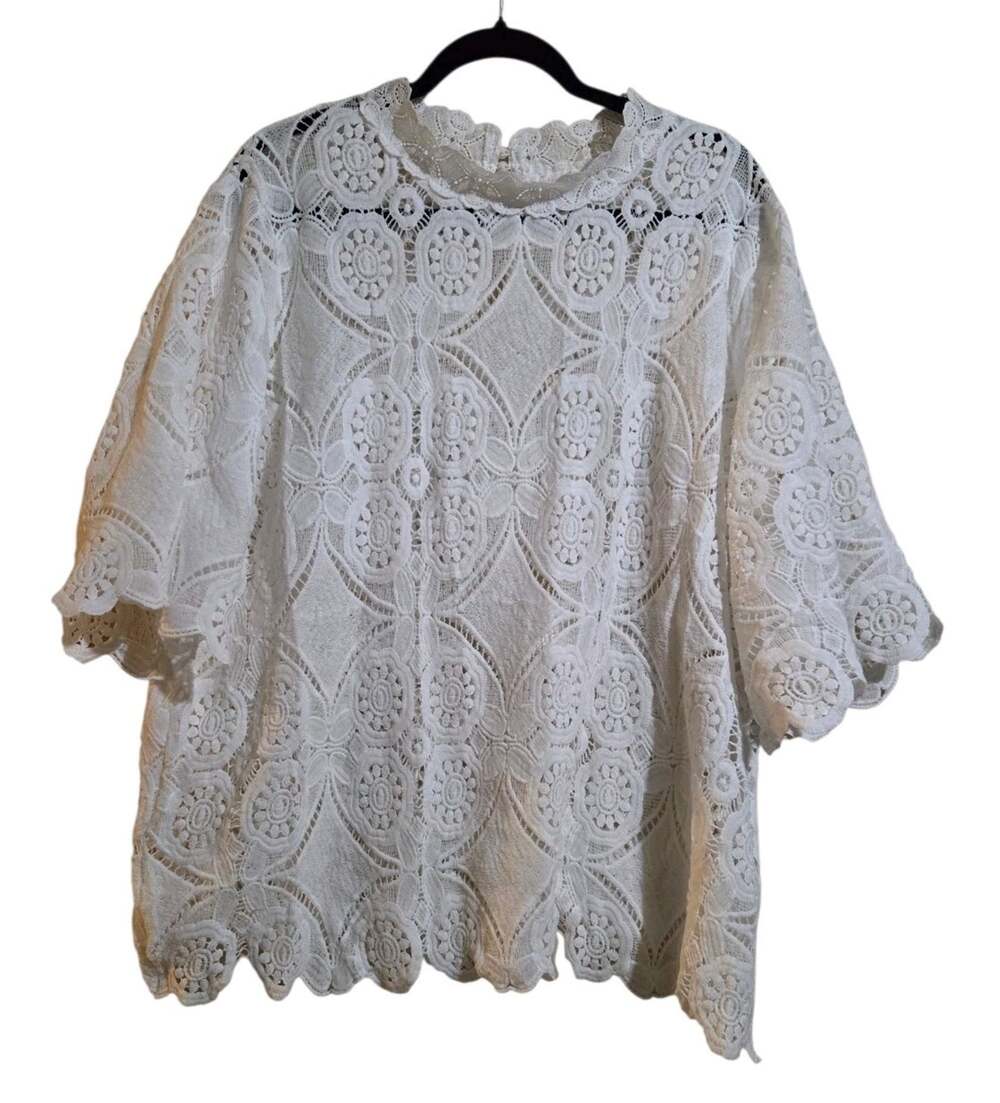 Shein Curve Sz 3X Crochet White Blouse Top Scallops Sleeve Boho Lightweight Fest